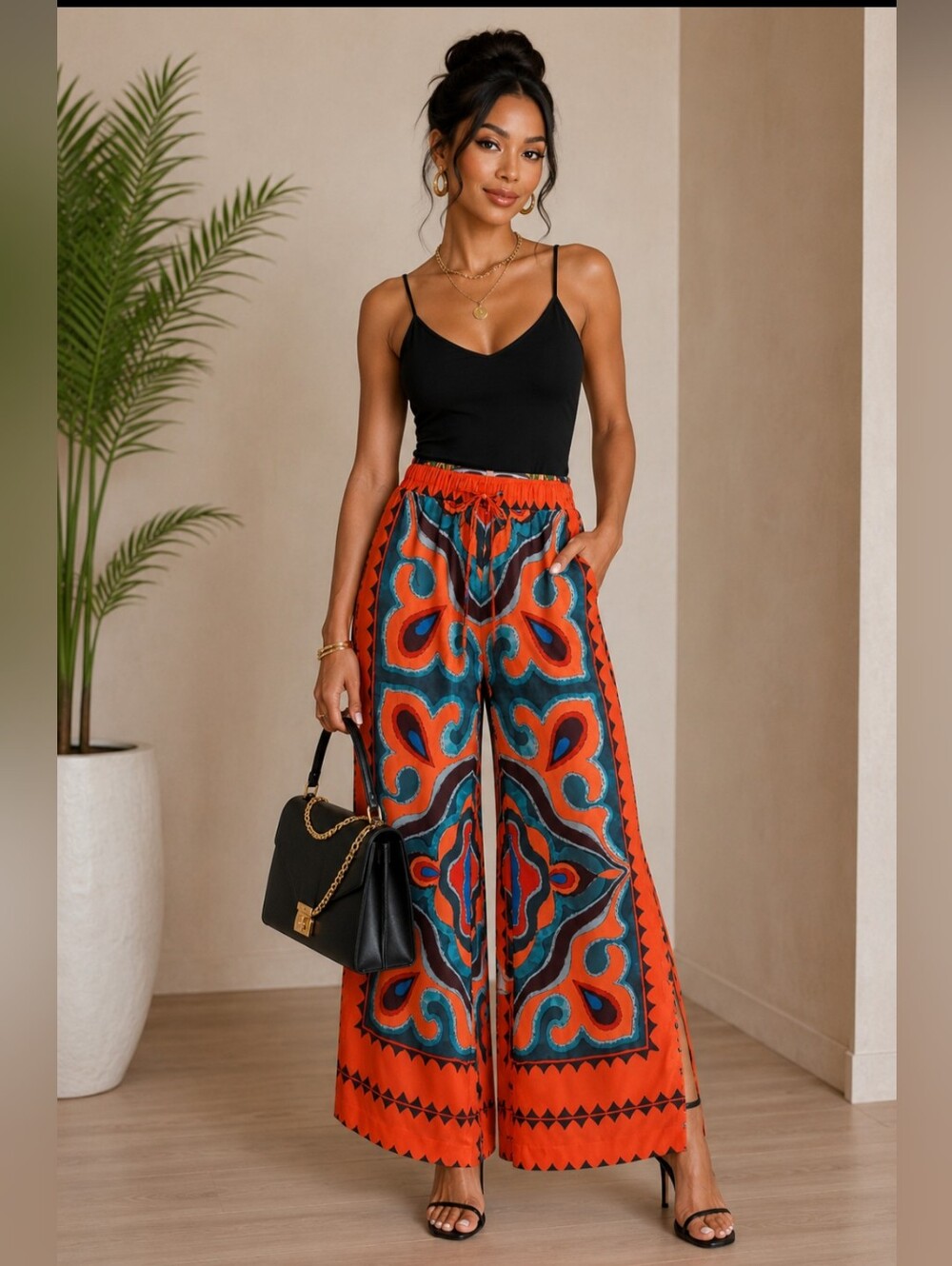🔥Commense Boho Flare Pants, Orange Teal Print Wide Leg Pockets, Size S
